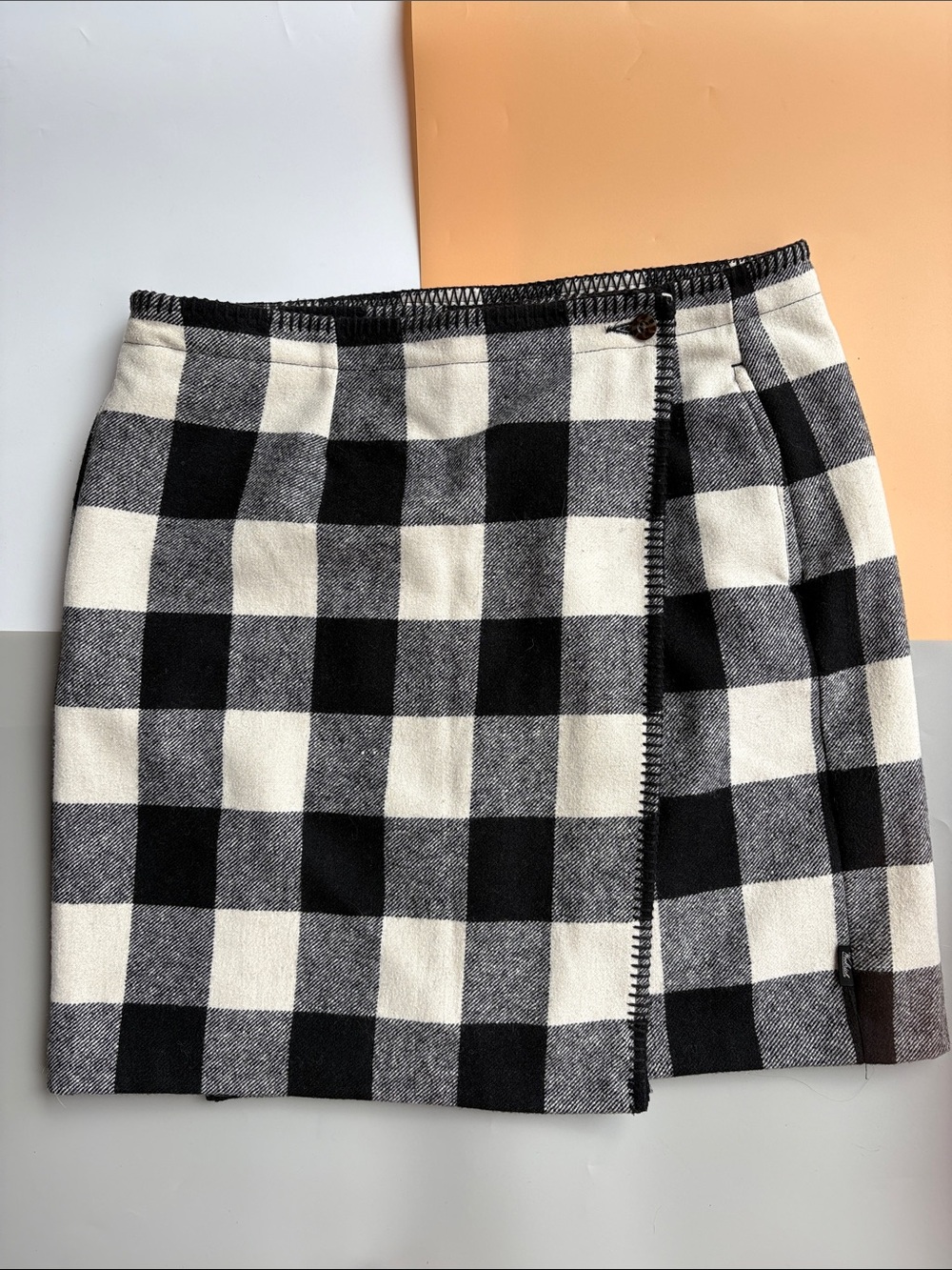 Woolrich Black and White Buffalo Check Wrap Mini Skirt